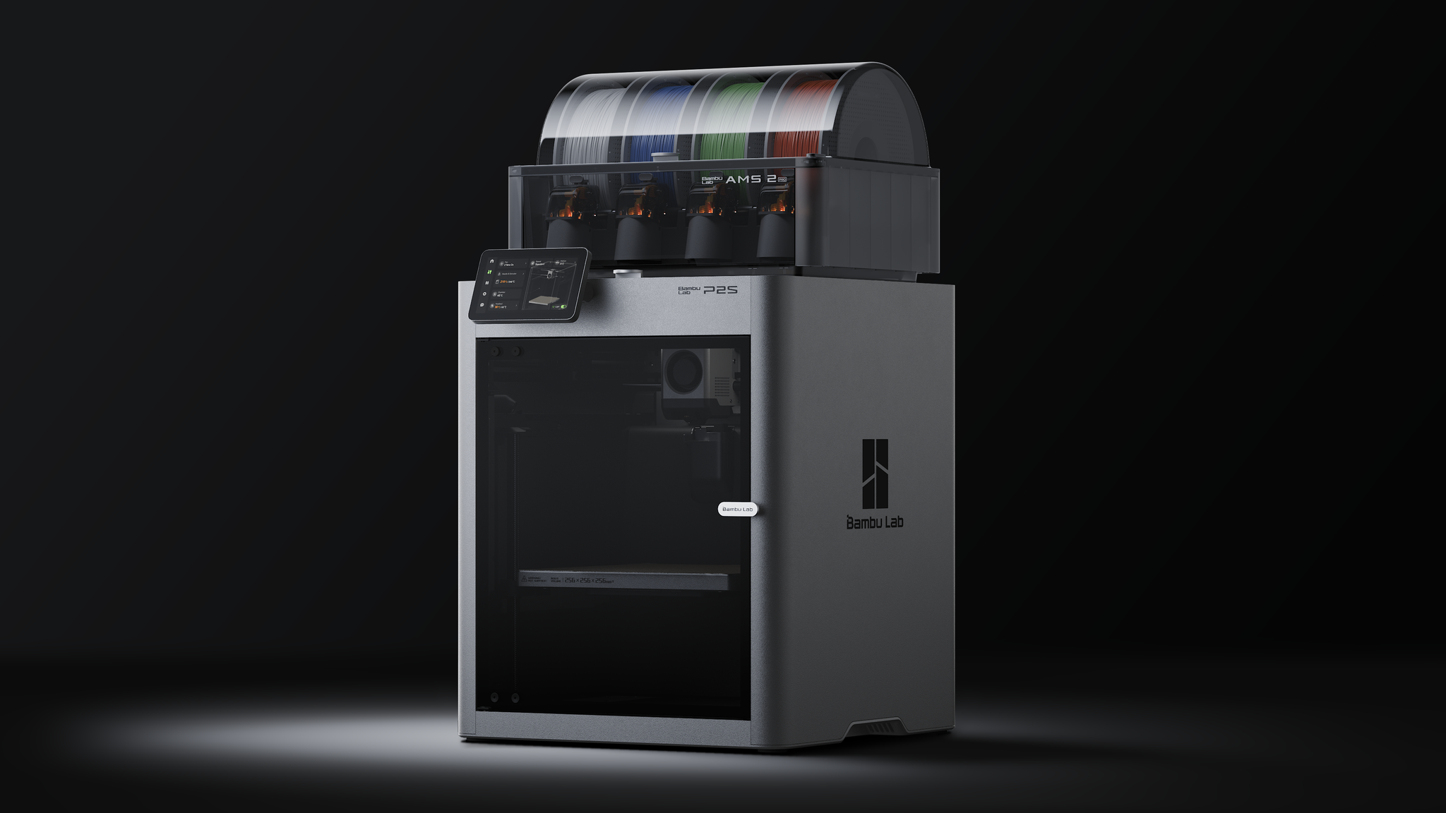 Oficialus Bambu Lab P2S 3D spausdintuvo produkto vaizdas su AMS 2 Pro sistema